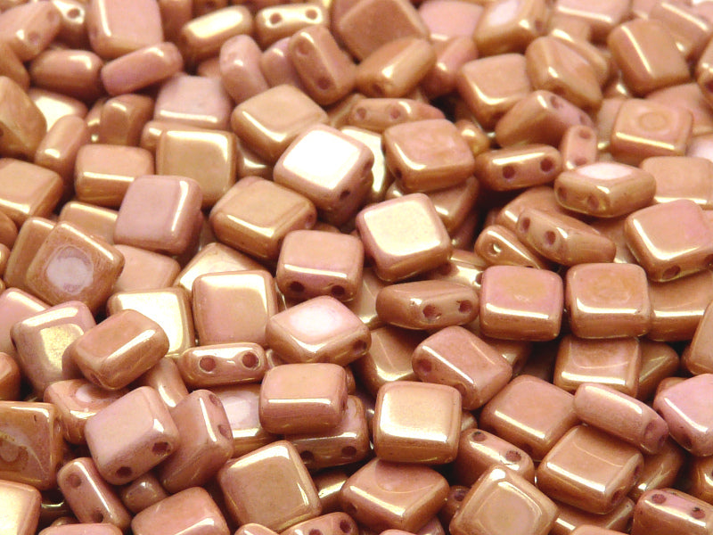40 pcs 2-hole Tile Pressed Beads, 6x6x3mm, Opaque Chalk White Red Luster, Czech Glass