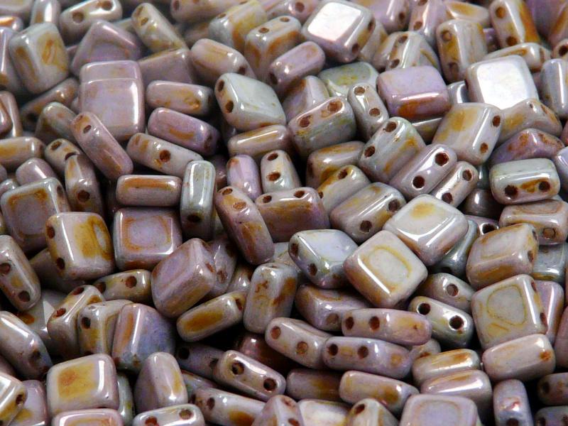 40 pcs 2-hole Tile Pressed Beads, 6x6x3mm, Opaque Chalk White Blue Glaze, Czech Glass