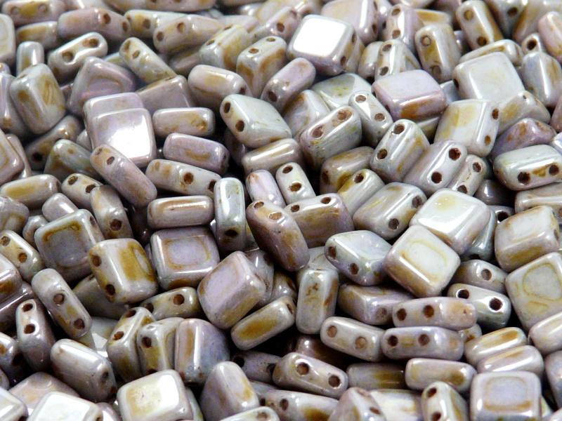 40 pcs 2-hole Tile Pressed Beads, 6x6x3mm, Opaque Chalk White Blue Glaze, Czech Glass