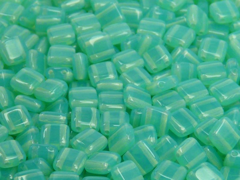 40 pcs 2-hole Tile Pressed Beads, 6x6x3mm, Green Aqua Opal, Czech Glass