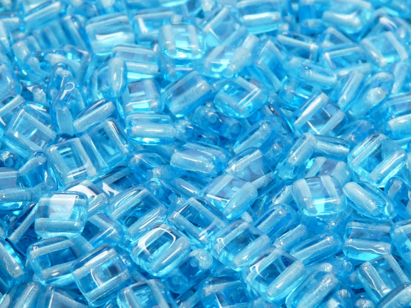40 pcs 2-hole Tile Pressed Beads, 6x6x3mm, Aquamarine, Czech Glass