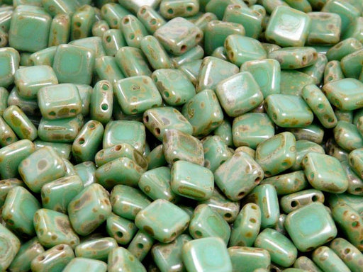 40 pcs 2-hole Tile Pressed Beads, 6x6x3mm, Opaque Turquoise Green Travertine Dark, Czech Glass