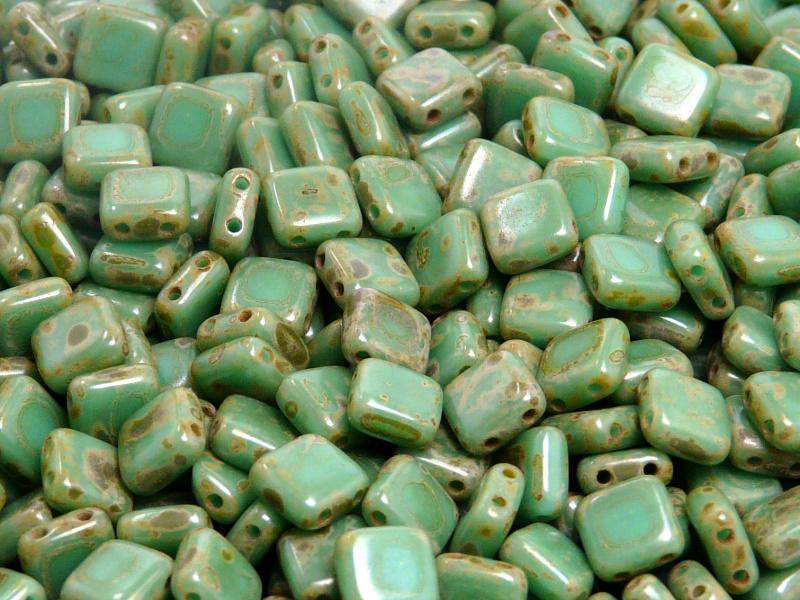 40 pcs 2-hole Tile Pressed Beads, 6x6x3mm, Opaque Turquoise Green Travertine Dark, Czech Glass