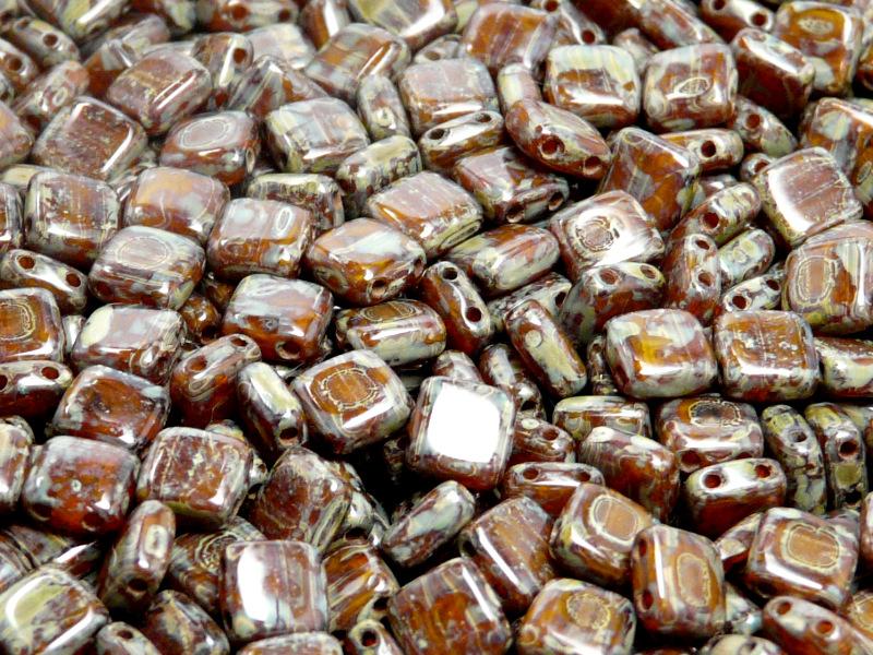 40 pcs 2-hole Tile Pressed Beads, 6x6x3mm, Orange Opal Travertine, Czech Glass
