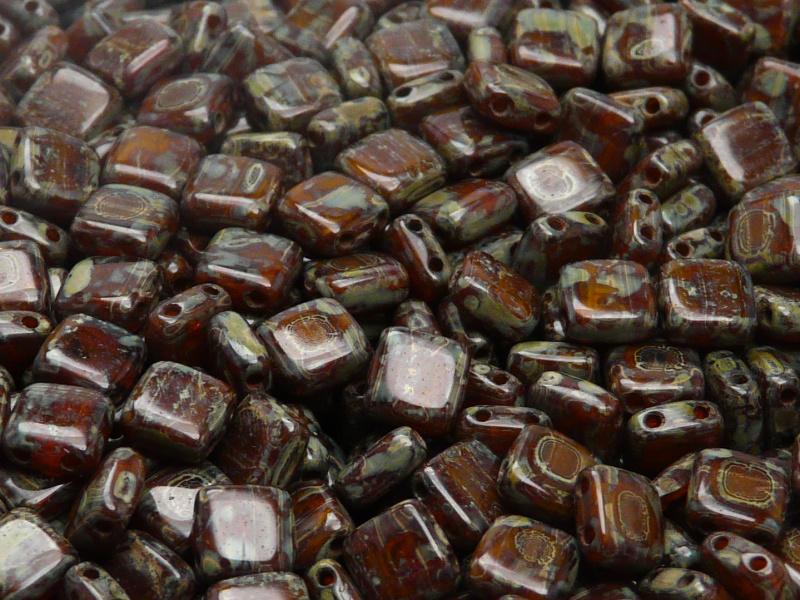 40 pcs 2-hole Tile Pressed Beads, 6x6x3mm, Orange Opal Travertine, Czech Glass