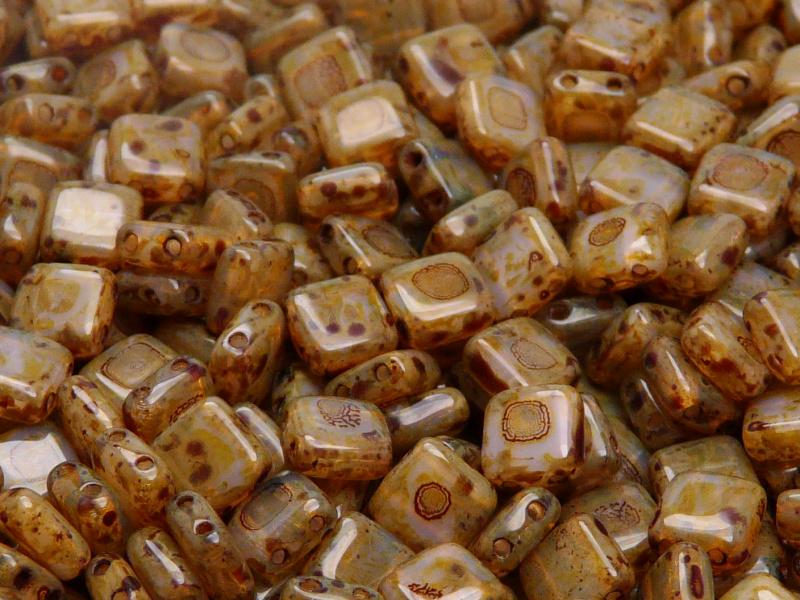 40 pcs 2-hole Tile Pressed Beads, 6x6x3mm, Pink Opal Travertine, Czech Glass