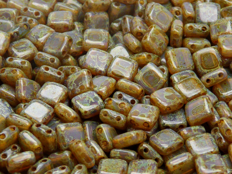 40 pcs 2-hole Tile Pressed Beads, 6x6x3mm, Violet Opal Travertine, Czech Glass