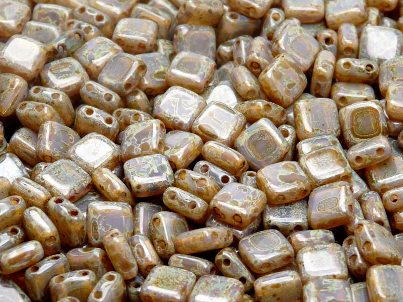 40 pcs 2-hole Tile Pressed Beads, 6x6x3mm, Violet Opal Travertine, Czech Glass