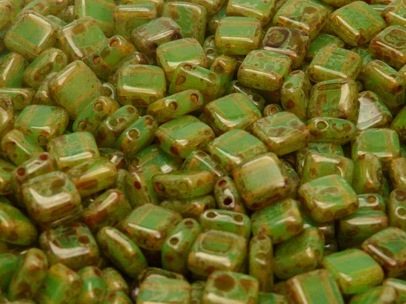 40 pcs 2-hole Tile Pressed Beads, 6x6x3mm, Green Opal Travertine, Czech Glass