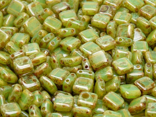 40 pcs 2-hole Tile Pressed Beads, 6x6x3mm, Green Opal Travertine, Czech Glass