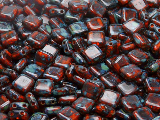 40 pcs 2-hole Tile Pressed Beads, 6x6x3mm, Hyacinth Travertine, Czech Glass