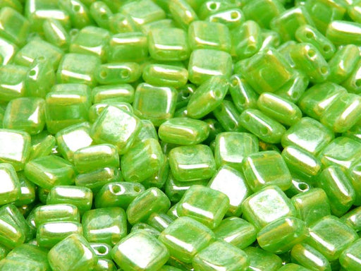 40 pcs 2-hole Tile Pressed Beads, 6x6x3mm, Green Opal White Luster, Czech Glass