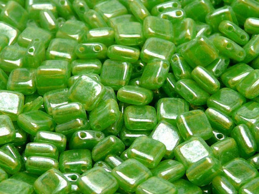 40 pcs 2-hole Tile Pressed Beads, 6x6x3mm, Green Opal White Luster, Czech Glass