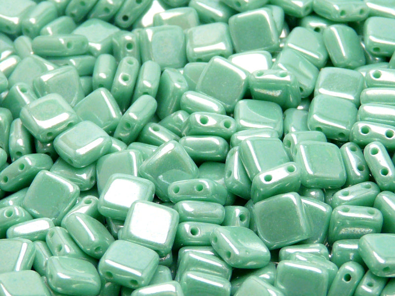 40 pcs 2-hole Tile Pressed Beads, 6x6x3mm, Opaque Turquoise Green White Luster, Czech Glass