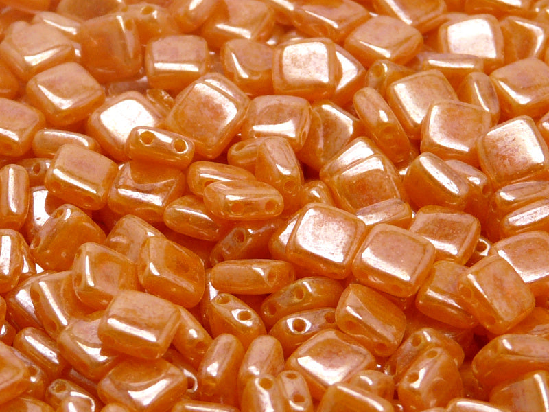 40 pcs 2-hole Tile Pressed Beads, 6x6x3mm, Orange Opal White Luster, Czech Glass