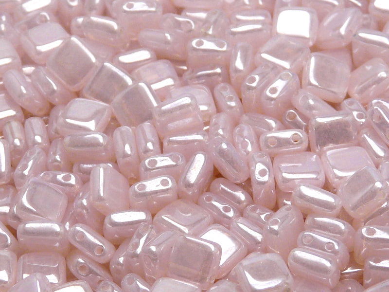 40 pcs 2-hole Tile Pressed Beads, 6x6x3mm, Pink Opal White Luster, Czech Glass