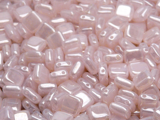 40 pcs 2-hole Tile Pressed Beads, 6x6x3mm, Pink Opal White Luster, Czech Glass