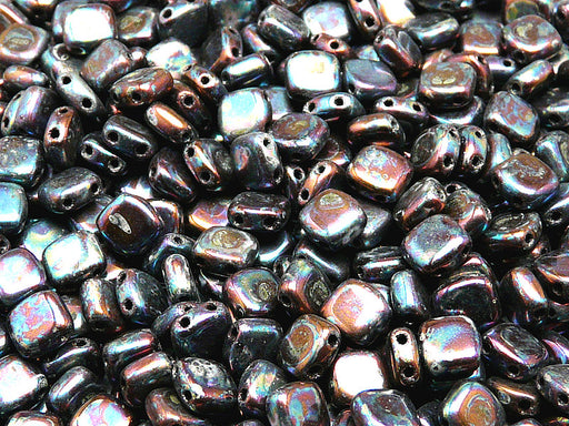 40 pcs 2-hole Tile Pressed Beads, 6x6x3mm, Jet Iris Luster, Czech Glass