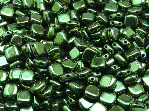 40 pcs 2-hole Tile Pressed Beads, 6x6x3mm, Jet Green Luster, Czech Glass