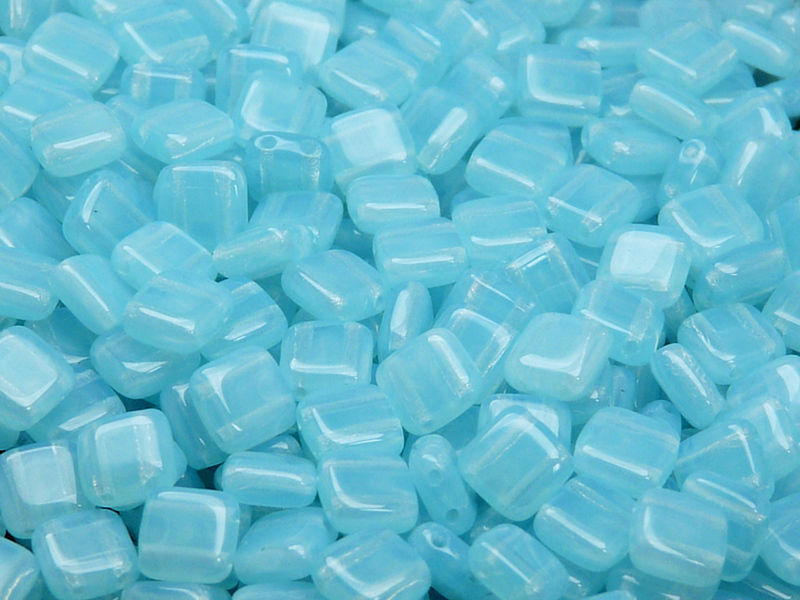 40 pcs 2-hole Tile Pressed Beads, 6x6x3mm, Aqua Opal, Czech Glass
