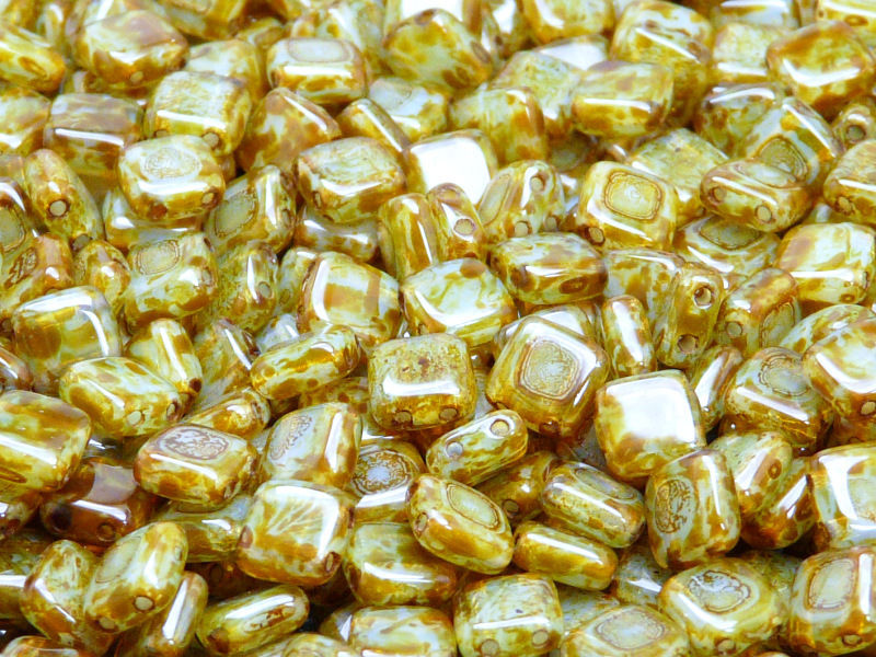 40 pcs 2-hole Tile Pressed Beads, 6x6x3mm, Aqua Opal Travertine, Czech Glass