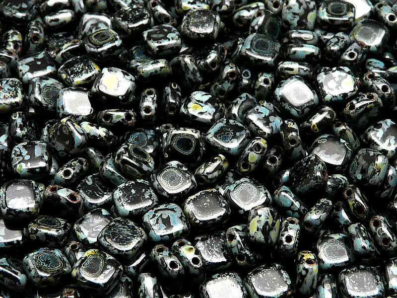 40 pcs 2-hole Tile Pressed Beads, 6x6x3mm, Jet Travertine, Czech Glass
