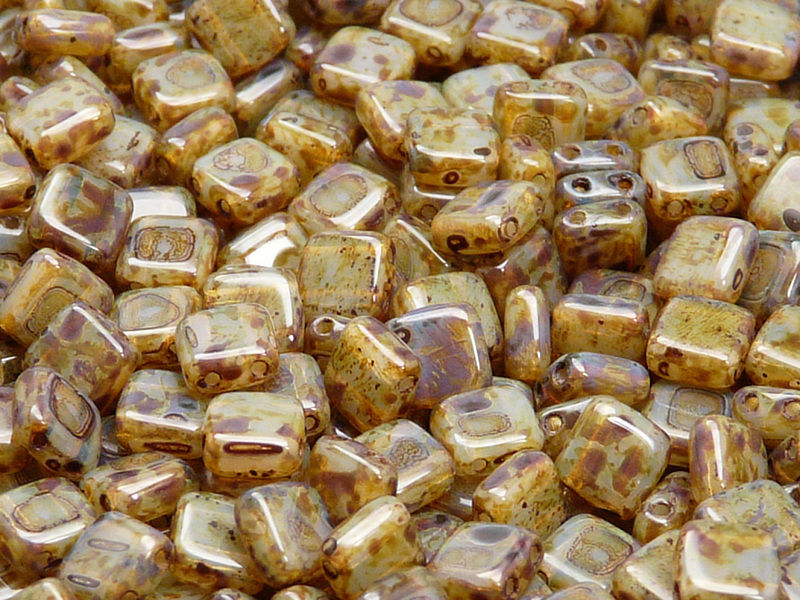 40 pcs 2-hole Tile Pressed Beads, 6x6x3mm, Gray Opal Travertine, Czech Glass
