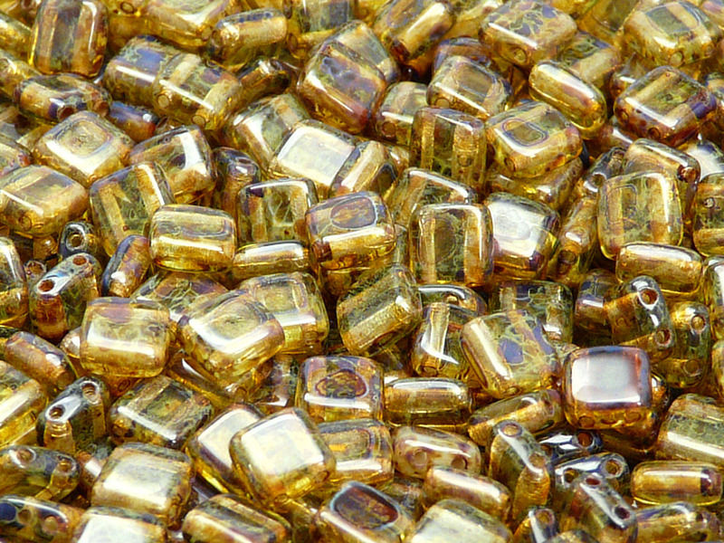 40 pcs 2-hole Tile Pressed Beads, 6x6x3mm, Peridot Green Travertine, Czech Glass