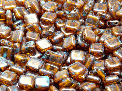 40 pcs 2-hole Tile Pressed Beads, 6x6x3mm, Amber Travertine, Czech Glass