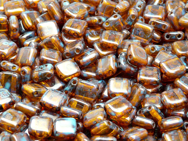 40 pcs 2-hole Tile Pressed Beads, 6x6x3mm, Amber Travertine, Czech Glass