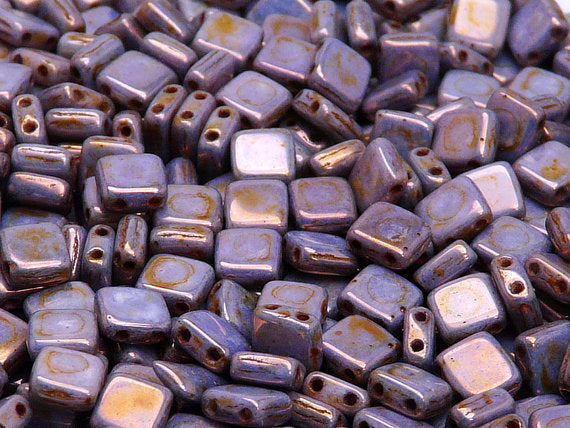 40 pcs 2-hole Tile Pressed Beads, 6x6x3mm, Chalk White Violet Glaze, Czech Glass