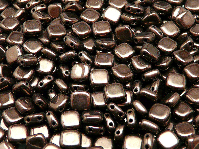 40 pcs 2-hole Tile Pressed Beads, 6x6x3mm, Jet Copper Luster, Czech Glass