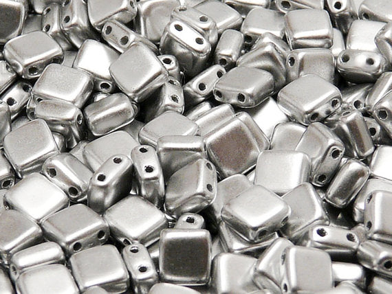 40 pcs 2-hole Tile Pressed Beads, 6x6x3mm, Silver Metallic Matte (ab Grade), Czech Glass