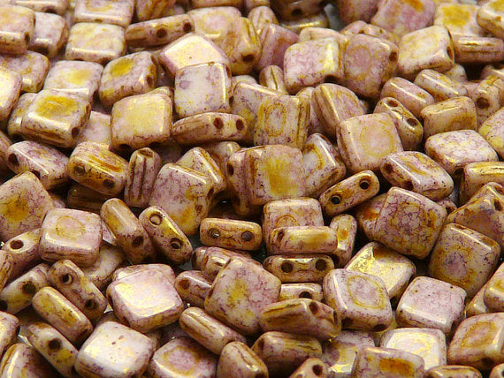 40 pcs 2-hole Tile Pressed Beads, 6x6x3mm, Chalk White Violet Senegal, Czech Glass