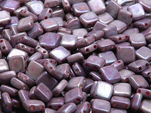 40 pcs 2-hole Tile Pressed Beads, 6x6x3mm, Chalk White Iris Luster, Czech Glass