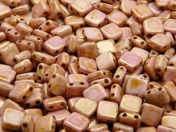 40 pcs 2-hole Tile Pressed Beads, 6x6x3mm, Chalk White Red Glaze, Czech Glass