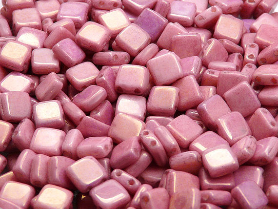 40 pcs 2-hole Tile Pressed Beads, 6x6x3mm, Chalk White Lila Luster, Czech Glass