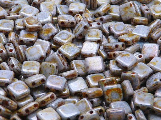 40 pcs 2-hole Tile Pressed Beads, 6x6x3mm, Chalk White Copper Senegal, Czech Glass