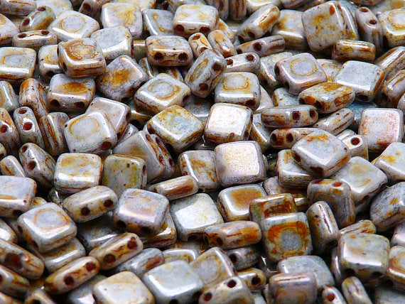 40 pcs 2-hole Tile Pressed Beads, 6x6x3mm, Chalk White Blue Senegal, Czech Glass