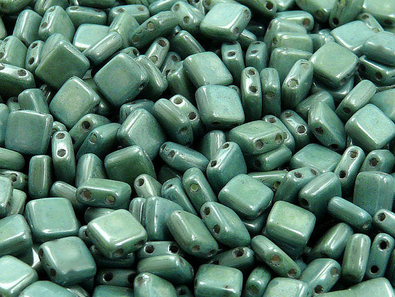 40 pcs 2-hole Tile Pressed Beads, 6x6x3mm, Chalk White Green Luster, Czech Glass