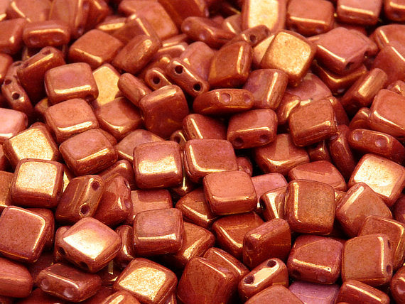 40 pcs 2-hole Tile Pressed Beads, 6x6x3mm, Chalk White Red Luster, Czech Glass