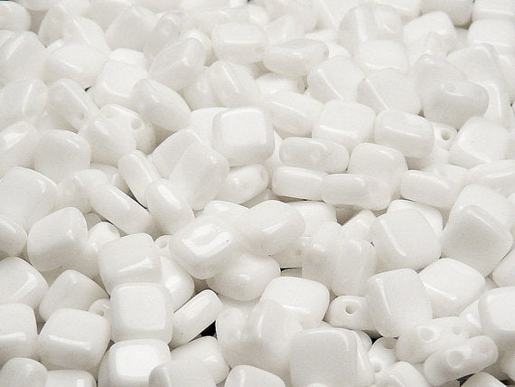 40 pcs 2-hole Tile Pressed Beads, 6x6x3mm, Opaque Chalk White, Czech Glass