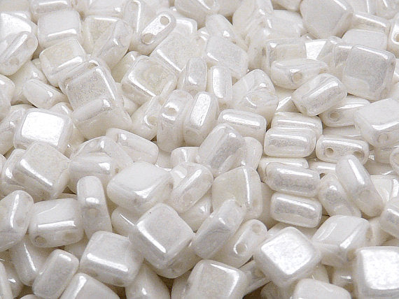 40 pcs 2-hole Tile Pressed Beads, 6x6x3mm, Chalk White Luster, Czech Glass