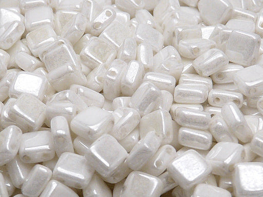 40 pcs 2-hole Tile Pressed Beads, 6x6x3mm, Chalk White Luster, Czech Glass