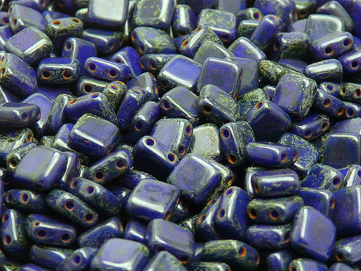 40 pcs 2-hole Tile Pressed Beads, 6x6x3mm, Opaque Blue Travertine Dark, Czech Glass