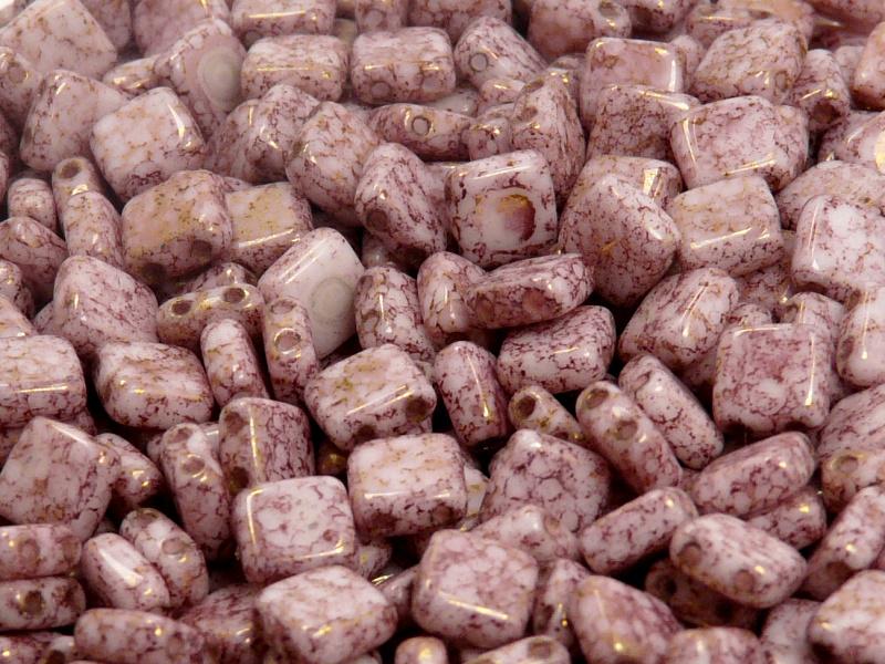 40 pcs 2-hole Tile Pressed Beads, 6x6x3mm, Opaque Chalk White Violet Terracotta, Czech Glass
