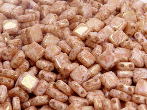 40 pcs 2-hole Tile Pressed Beads, 6x6x3mm, Opaque Chalk White Red Terracotta, Czech Glass