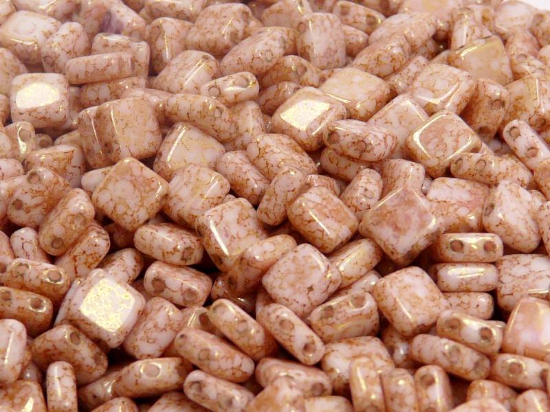 40 pcs 2-hole Tile Pressed Beads, 6x6x3mm, Opaque Chalk White Red Terracotta, Czech Glass