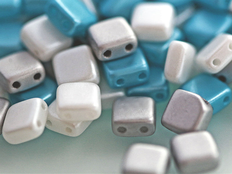 150 pcs Tile Beads 6x6 mm, 2 Holes, Mix Silver White Aqua, Czech Glass