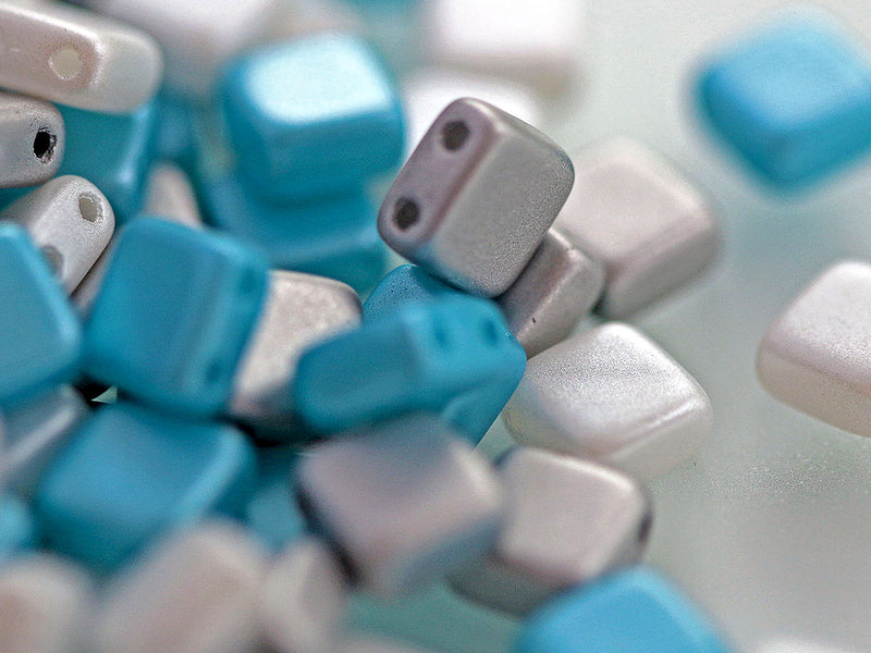 150 pcs Tile Beads 6x6 mm, 2 Holes, Mix Silver White Aqua, Czech Glass